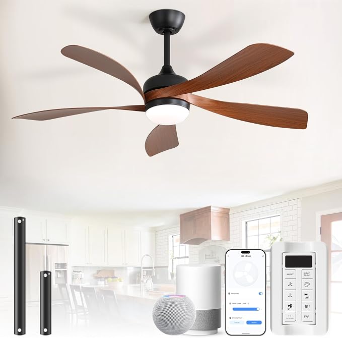 CACI Mall 52 inch Smart Ceiling Fan with Lights, Remote Control, Compatible with Alexa/Google/App, 5 Blades, Dimmable Lighting, Quiet, Indoor/Outdoor Ceiling Fans for Living Room, Bedroom, Patios