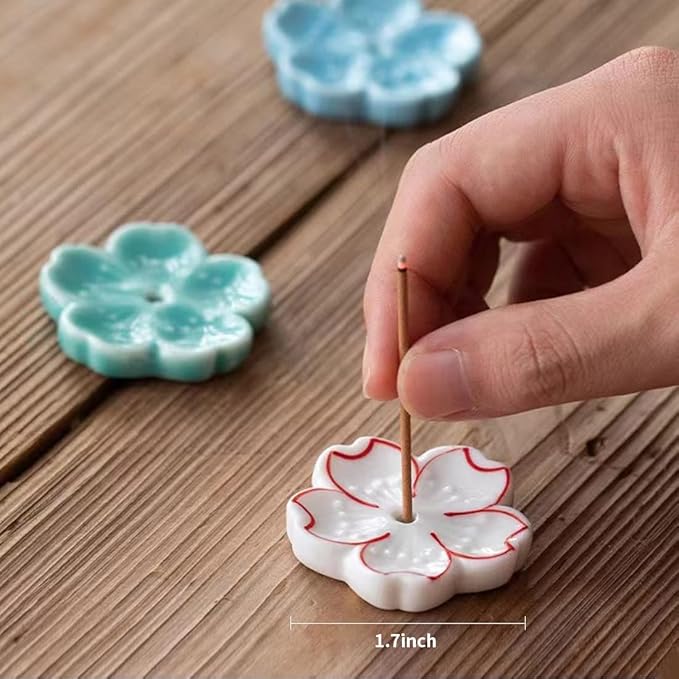 5pcs, Japanese Mini Cherry Blossom Ceramic Incense Stick Holder or Incense Burner Holder, Handmade Cute Multicolour Unique Ash Catcher Inscent Tray and Decorative Gift, Home Decor, 1.7 inches