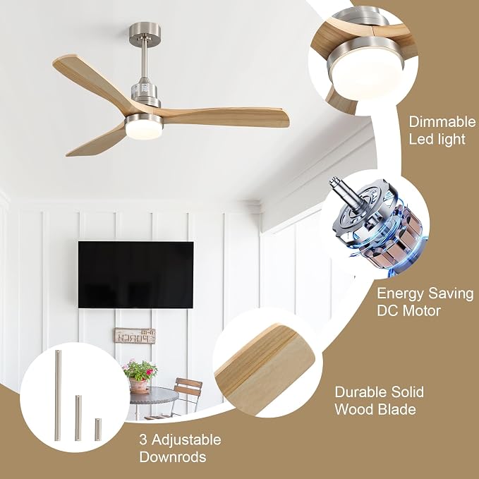 Sofucor 52 Inch Smart Ceiling Fan with Light, Indoor/Outdoor Ceiling Fans with Lights and Remote, Work with Alexa/Google, Quiet DC Motor, Solid Wood 3 Blade Ceiling Fans for Bedroom Living Room Patio