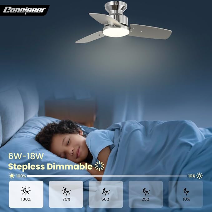 30 Inch Ceiling Fans with Lights and Remote, Bedroom Living Room Office, Flush Mount, 6CCT Dimmable, Dual Color 3 Blades 6 Speed Reversible Quiet DC Motor, Chrome-Plated/Wood Grain