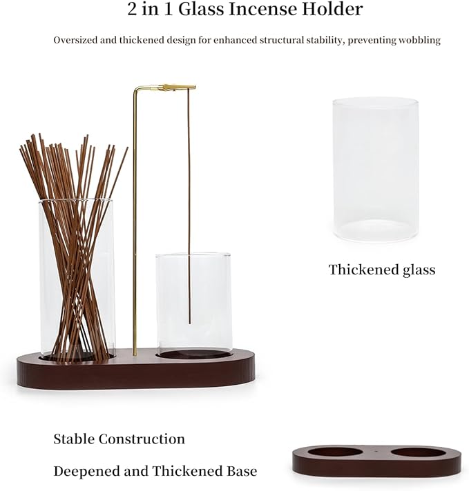 Glass Incense Holder for Sticks, Hang Upside Down Incense Burner with Storage & Ash Catcher, Anti-Ash 2 in 1, Comes with Brush & Greeting Card, Meditation Yoga Home Decor Gift