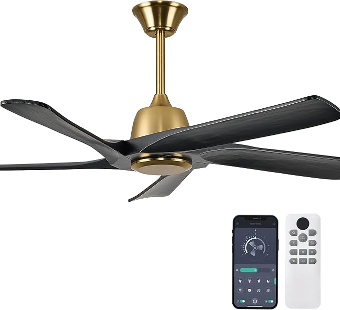 52 Inch Solid Wood Ceiling Fan No Lights, Remote and APP Control, DC Motor, 6-speed Reversible, for Bedroom, Living Room, Office, Black Gold