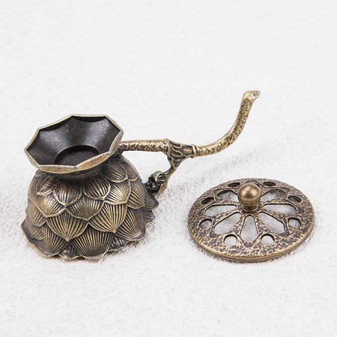 1Pcs Mini Zinc Alloy Lotus Flower Incense Holder with Lid Retro Hollow Out Ash Catcher with Handle for Cones for Yoga Spa Aromatherapy Enthusiasts