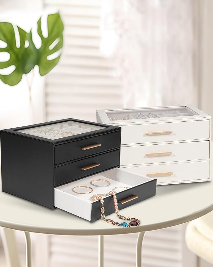 GUOER Jewelry Box for Women, Glass Lid Jewelry Organizer with 3 Drawers PU Jewelry Storage Case for Necklaces Rings Earrings Bracelets, Black