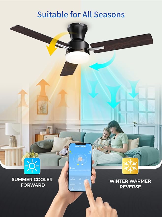 LANMEL 42 Inch Flush Mount Ceiling Fan with Light, App&Remote Control, Low Profile Modern Ceiling Fan, 6 Speed, Reversible, 3000k-6500k Dimmable LED, Quiet DC Motor for Indoor Outdoor,Black Silver