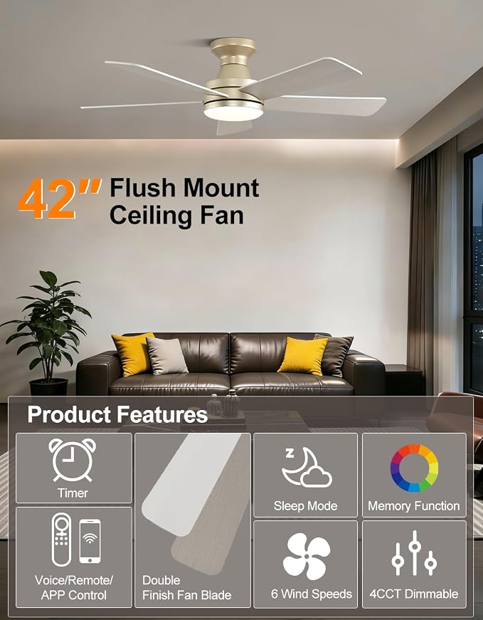 42 inch RGB Ceiling Fan with Light, Voice & App & Remote Control Low Profile Flush Mount Ceiling Fan,6 Speeds Silent Motor, 4-Color Temperature Dimmable for Home Office Party, Champagne Gold