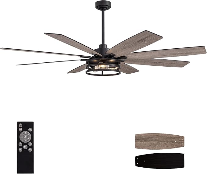 LuminFan 72 inch Large Ceiling Fans with Lights and Remote, Black Modern Ceiling Fan for Living Room, Patios, 6 Speed Reversible Quiet DC Motor, 8 Blades, Easy to Install