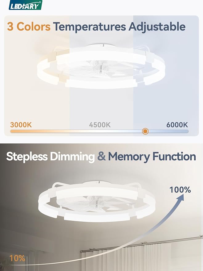 LEDIARY 24" Ceiling Fans with Lights and Remote, Modern Low Profile Ceiling Fan, 3 CCT, Stepless Dimmable, Fandelier Flush Mount Fan Light, 6 Speeds, DC Motor, App & Remote Control for Bedroom(White)