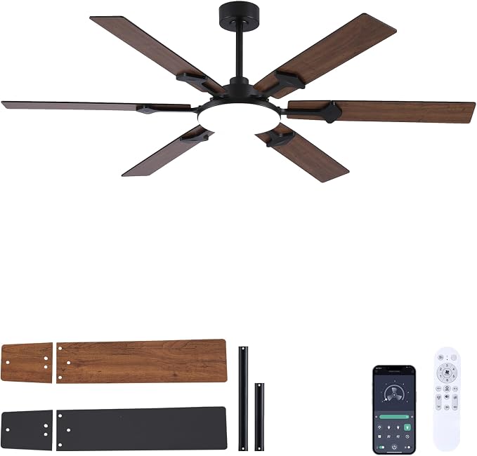 NKPU 66 Inch Brown Ceiling Fan with Lights, Modern Large Ceiling Fan with Remote & APP Control, Reversible DC Motor, 6 Double-Sided Blades, 6 Speeds, Silent, Timer, for Living Room Indoor & Outdoor