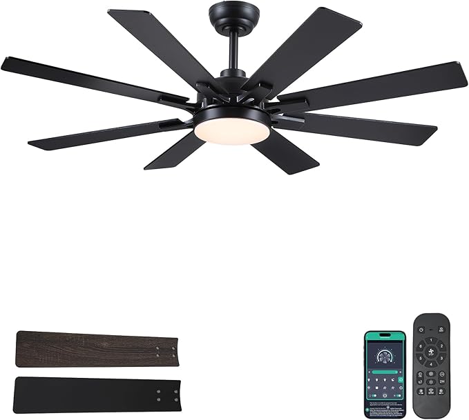 Kviflon 52 Inch Ceiling Fans with Lights, Modern Black Ceiling fan with light for Bedroom Living Room Indoor Outdoor, Remote/APP Control, Reversible Quiet DC Motor, Dimmable LED, 8 Wooden Blades