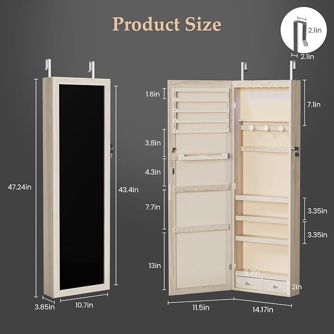 DUMOS 6 LEDs Mirror Jewelry Organizer Cabinet, Jewelry Armoire, 47.2 Inch | Hanging Door or Wall Mounted Mirror, Lockable, Large Capacity Cosmetic Storage, 2 Drawers, Gift Idea, Khaki