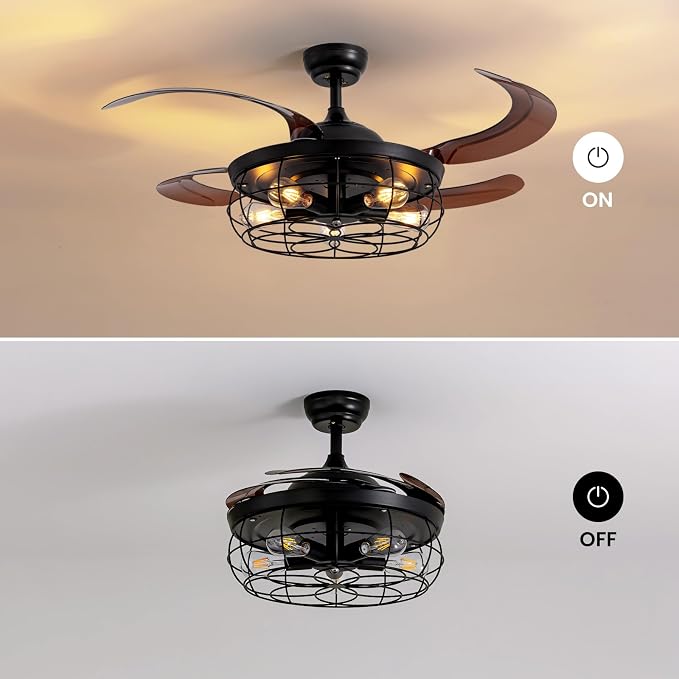 48" Retractable Ceiling Fan with Lights and Remote, Rustic Fandelier Ceiling Fan Black Bladeless Industrial Ceiling Fan for Farmhouse Living Room Dining Room Bedroom Kitchen Garage