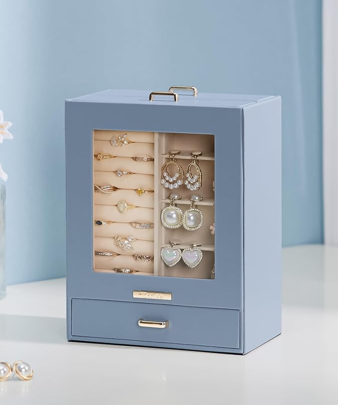 Homde Display Jewelry Box for Girls: Starter Organizer with Clear Window | Vertical Drawers for Earrings Rings Necklaces - Compact Footprint Fits Small Vanities - Birthday&Graduation Gift for Teens