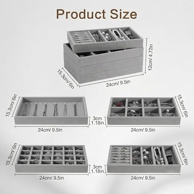 Velvet Jewelry Drawer Organizer – Four-Piece Stackable Jewelry Tray Set for Earrings, Rings, Necklaces, Bracelets, and Watches. Customizable jewelry dividers. Suitable for Dressing Tables or Vanities