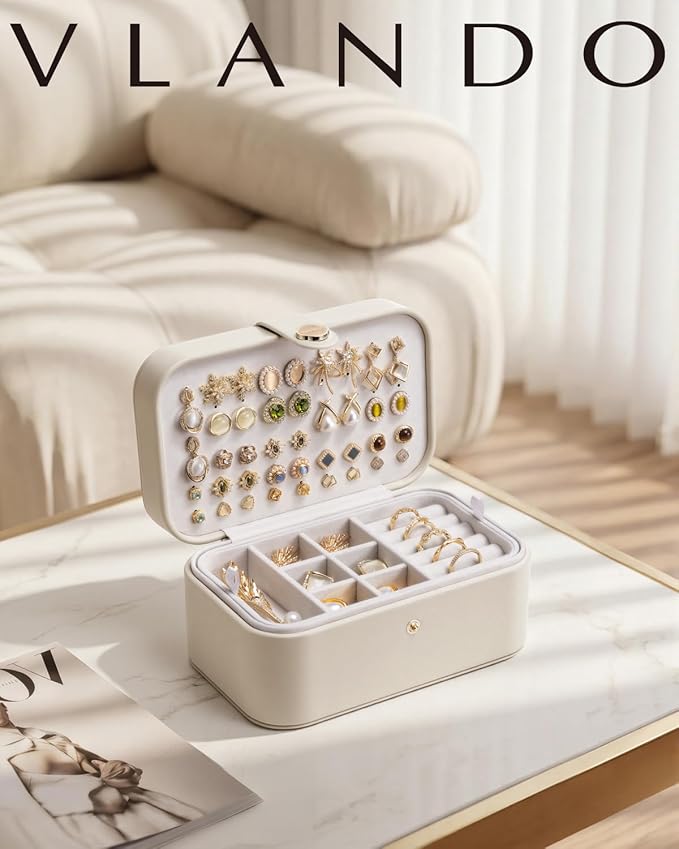 VLANDO Travel Jewelry Case, 2-Layer Jewelry Box, Portabel Travel Organizer for Necklaces, Earring, Bracelets, Ring, Watch - Large Capacity Travel Jewelry Storage - Cloud White