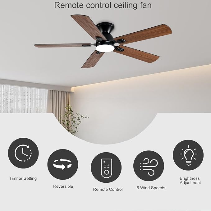 GJeg Ceiling Fans with Lights, 52 Inch Low Profile Ceiling Fan with Light and Remote, Flush Mount Ceiling Fan, 3CCT, Dimmable, Noiseless, Ceiling Light Fan for Bedroom, Indoor/Outdoor Use,Brown