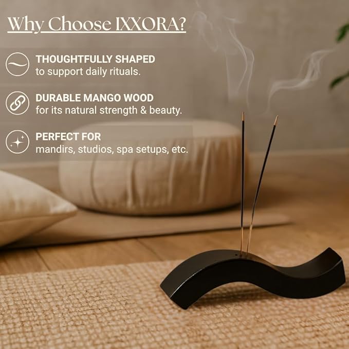 Handcrafted Mango Wood Incense Holder, 8-Inch Curved Stick Stand in Dark Gloss Finish, Modern Mandir, Meditation, Yoga & Spa Décor Tray, Elegant Wooden Aromatherapy Accessory