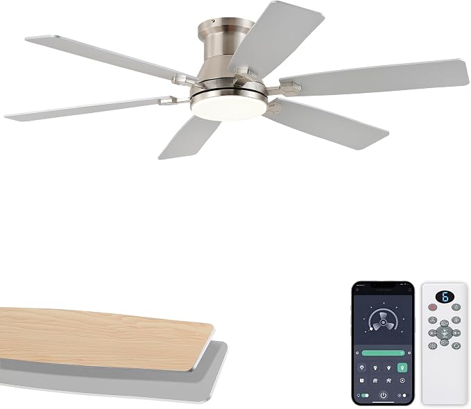 52inch Low Profile Ceiling Fan with Light and Remote/APP Control, LED Dimmable DC ReversibleModern, Flush Mount,6 Blade,Nickel Ceiling Fan for Bedroom Living Room/Outdoor Use