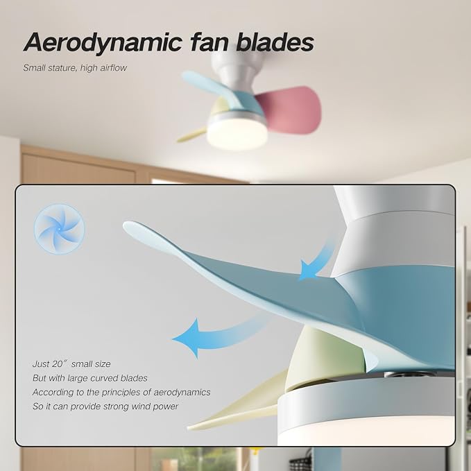 20 Inch Ceiling Fan with Light,3 color ABS blades, Colorful Small Ceiling Fan with Remote Control, Suitable for Living Room, Dining Room, Bedroom