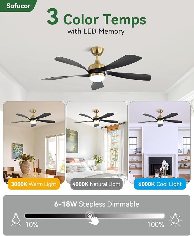Sofucor 52 Inch Ceiling Fans with Lights and Remote, Outdoor Ceiling Fan with Light 6-Speed 3 CCT 3-Timer, Black Low Profile Ceiling Fan 5 Blade Reversible DC Motor for Living Room Bedroom Patio