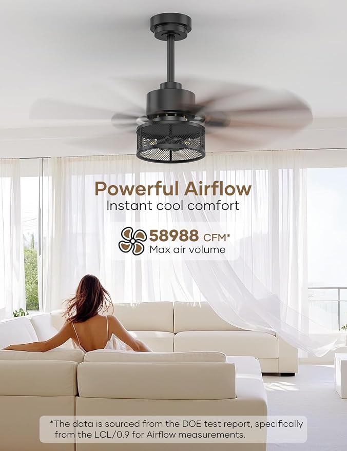 Farmhouse Ceiling Fans with Lights and Remote, 42 Inch Black Caged Ceiling Fan, Indoor/Outdoor Ceiling Fan with Dual-Color Blade Warm White Lighting for Bedroom, Patio, Kitchen, Living Room