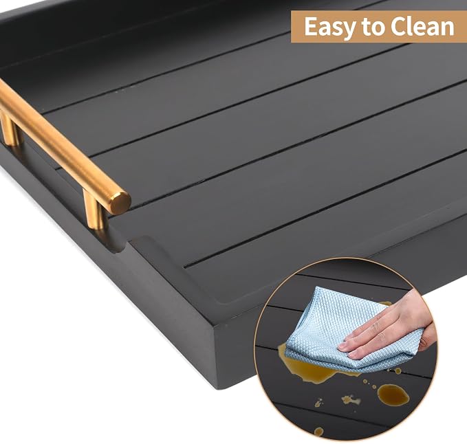 SXNOWS Wooden Serving Tray with 2 Sets of Handles,Black | Rectangle 16.5x13 Inch Ottoman Decorative Tray for Coffee Table Kitchen Bar Living Room Breakfast in Bed, 4 Coasters Included