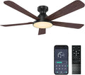 Ceiling Fans with Lights, 52 inch Low Profile Ceiling Fan with Light, Remote/App Control, Flush Mount Black Ceiling Fan for Bedroom, Indoor/Outdoor (Dark Wood)