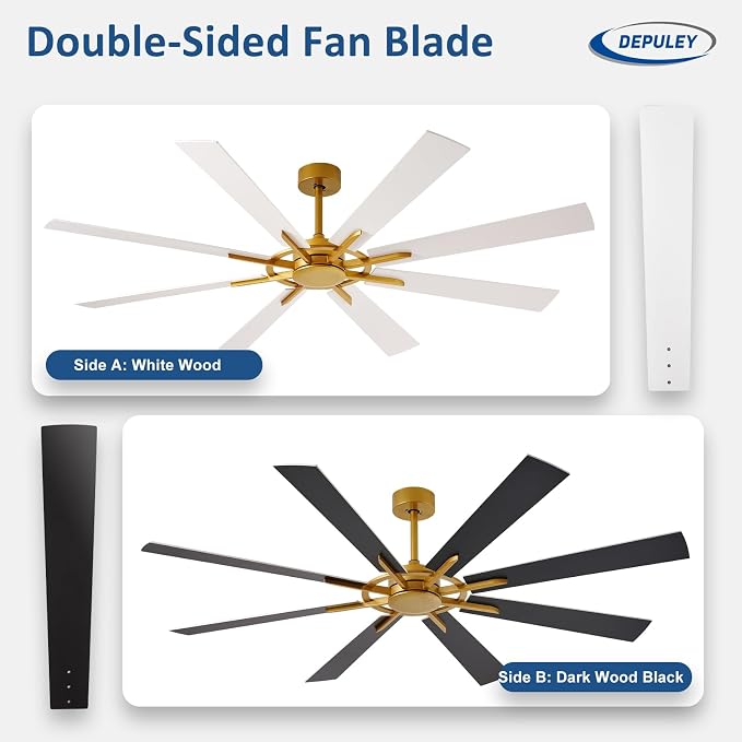 Ceiling Fan Without Light: 66 Inch Big Indoor Outdoor Fan with Remote APP Control - Brass White Large Ceiling Fan no Light 8 Blade Reversible Quiet DC Motor Memory Function Timer