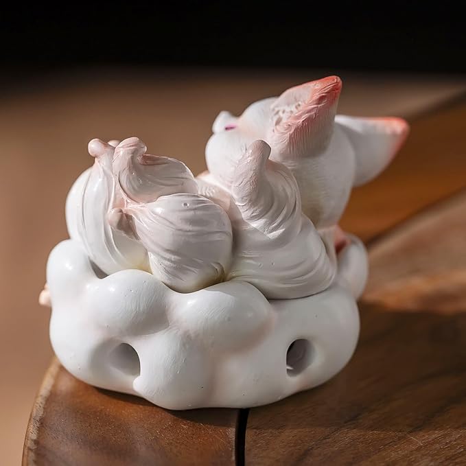 Cute Nine-Tailed Fox Decorative Incense Holder, Resin Sleeping Fox Figurine Cone Coil Incense Burner with Lid, Ash Catcher for Yoga Meditation Spa Home Office Aromatherapy Decor (White)