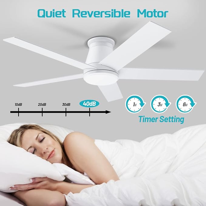 wurzee 52" Ceiling Fan with Light, White,6 Speeds DC Reversible Motor,Timing, Dimmable for Bedroom, Kitchen, Patios