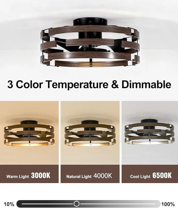 Roomratv Rustic Fandelier Flush Mount Ceiling Fan with Lights,20'' Low Profile Caged Ceiling Fan with Remote,Farmhouse Bladeless Enclosed Small Fan Light Fixtures for Kitchen Bedroom