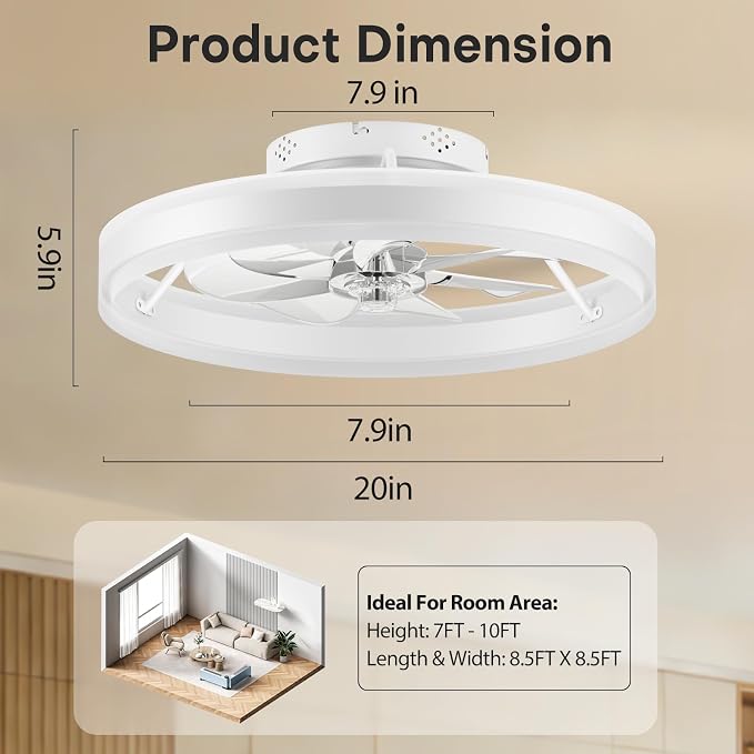 Ceiling Fans with Lights and Remote, 20" Low Profile Flush Mount Ceiling Fan, Pre-Assembled Design, Quiet DC Motor, 6 Wind Speeds, Dimmable 2700-6500K LED Light, Modern Ceiling Fan for Bedroom (White)