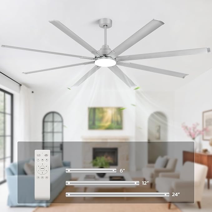 84 Inch Large Ceiling Fan with Light, 8 Aluminum Blades, DC Motor, 6 Speed Remote Control, Modern Indoor Outdoor Ceiling Fan with 3 Downrods, Reversible Quiet Fan for Living Room,Great Room,Patio,Shop