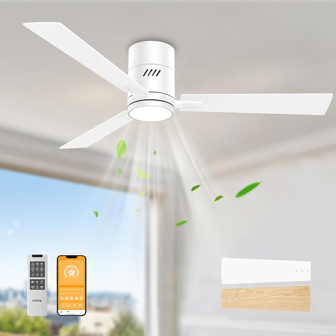 OPONL Ceiling Fan with Light, 52 inch Low Profile Ceiling fan with Light and Remote Control, Reversible, 6CCT, Dimmable, Noiseless, White Ceiling Fan for Bedroom, Indoor/Outdoor Use, Classic