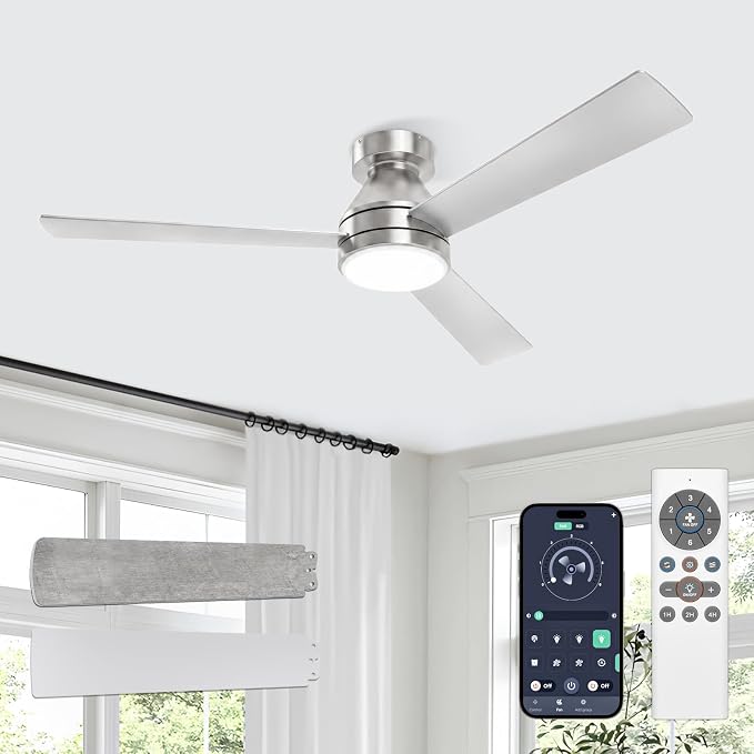 VOLISUN Ceiling Fans with Lights Flush Mount, 42 inch Low Profile Ceiling Fan with Light and Remote, Queit & Reversible Motor,3CCT, Dimmable, Modern Ceilings Fans for Bedroom, Living Room(Nickel)
