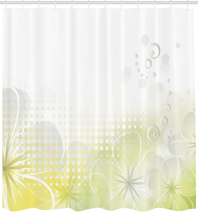 Ambesonne Grey and Yellow Shower Curtain, Abstract Grunge Design Water Bubbles and Flowers Image, Cloth Fabric Bathroom Decor Set with Hooks, 69" W x 70" L, Pale Yellow Pale Grey