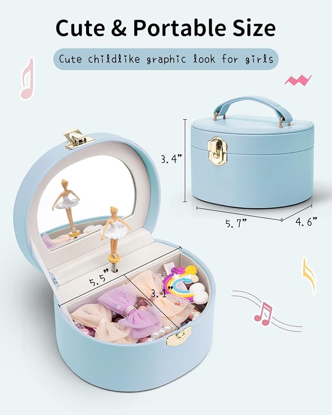 VLANDO Bithday Gift for Girl - Musical Jewelry Box for Girls, Small Kid Music Box with Ballerina for Party Bedroom Decor, Gifts for Girls Kids - Blue