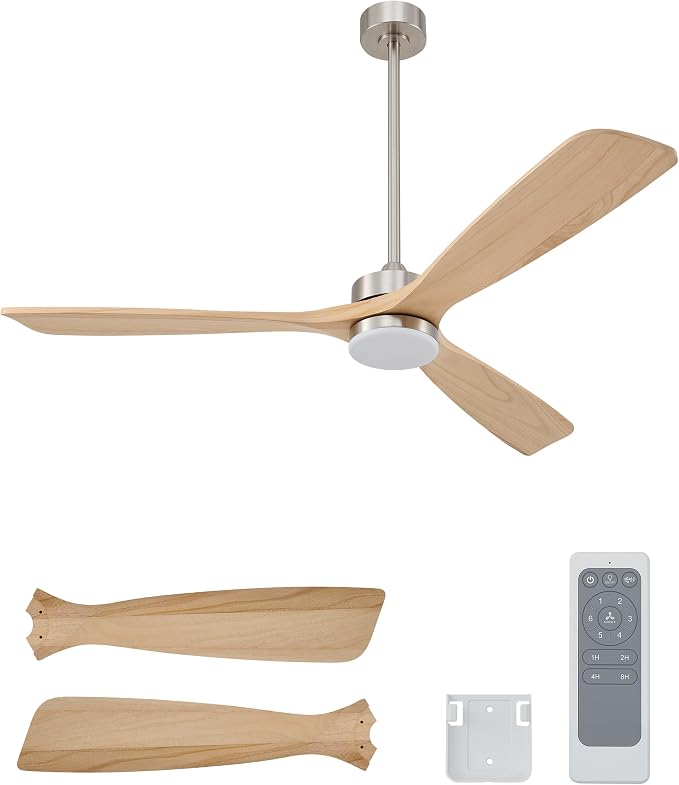 VONLUCE Wood Ceiling Fan with Lights, 60 Inch Ceiling Fan and Remote, 6 Speed Reversible Noiseless DC Motor, 3CCT, Solid Wood Outdoor Ceiling Fan for Patios Farmhouse, Nickel