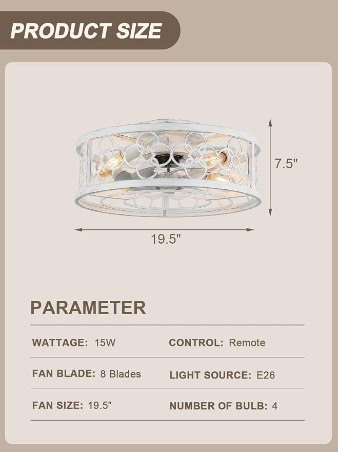 Caged Ceiling Fan with Lights and Remote 19.5" Flush Mount Ceiling Fan with Lights Bladeless Ceiling Fan with 3 Timing for Bedroom, Dining Room Living Room