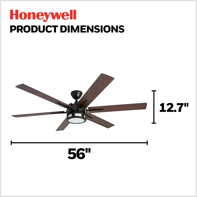 Honeywell Ceiling Fans Kaliza Modern 56 Inch Ceiling Fan with Light, Remote Control Fan, LED Indoor Fan with 6 Blades, Gray Oak and Light Oak Blade Finish Options, Bronze (51036-01)