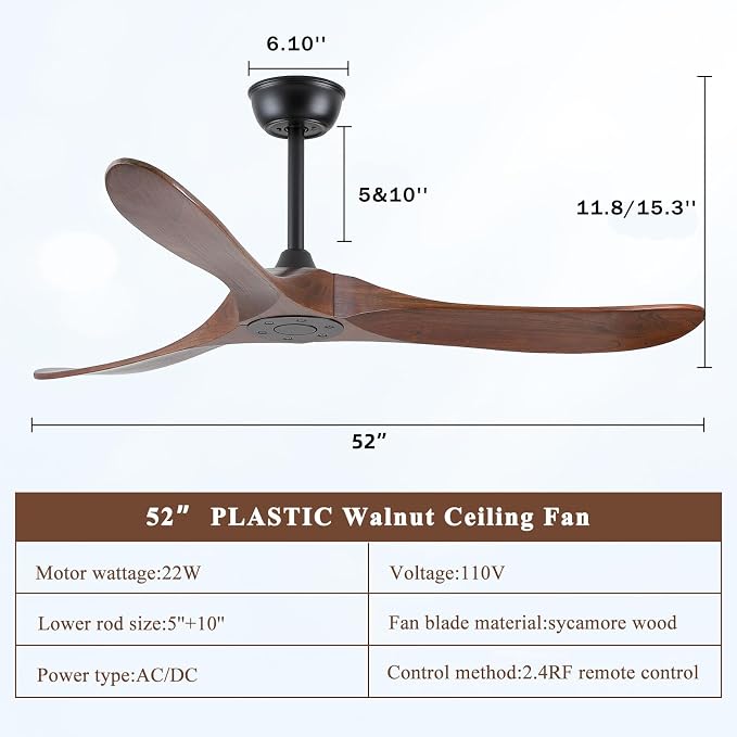 Walnut Wood 52" Ceiling Fan, No Light, 6-Speed, Reversible 3 Blades, Timed Shutdown, Silent DC Motor, for Bedroom, Porch and Living Room