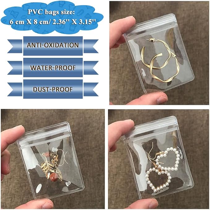 Jewelry Pouch Clear Self Seal Plastic Zipper Bags for Earrings Rings Packing Storage Transparent PVC Lock Pouches, Pack of 80