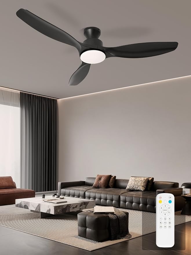 52" Ceiling Fan with Light and Remote, Flush Mount Ceiling Fan with 3 Blades, Low Profile Fan, 6 Speed, Queit DC Motor, Black Fan for Bedroom/Indoor/Outdoor/Living Room