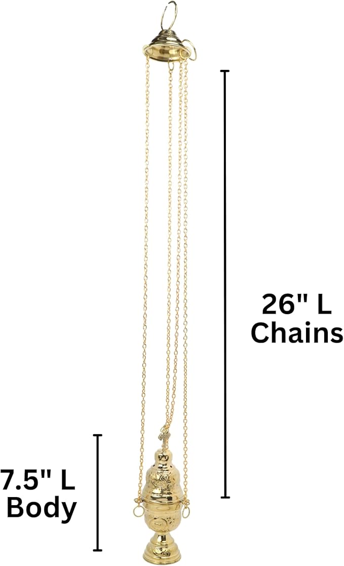 Needzo Ornate Hanging Brass Censer, Chatholic Church Supplies, 26" Chains with 7.5 Inch Body