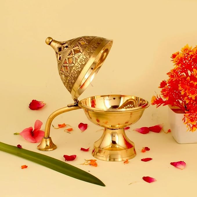 Brass Dhoop Dani with Handle for Puja | Traditional Brass Incense Burner with Dome Lid | Decorative Dhoop Holder for Temple, Home & Spiritual Use | (4x4)