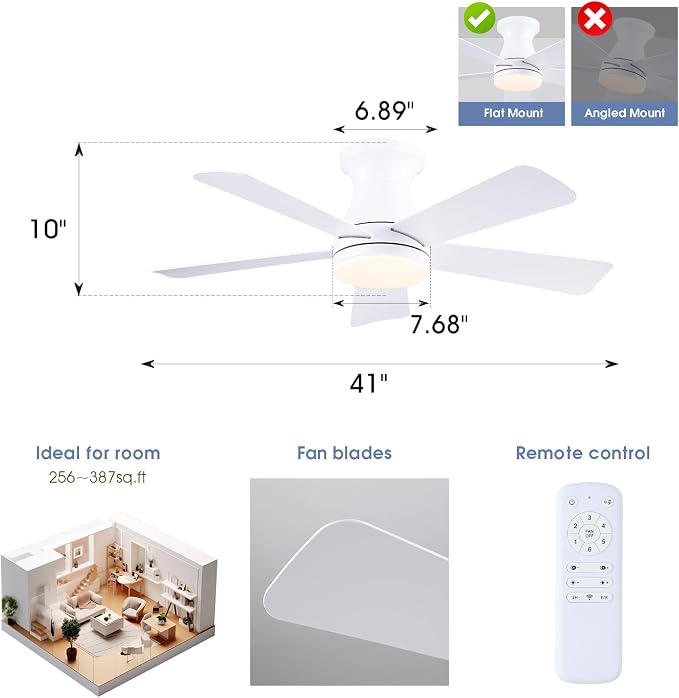 41"Small Modern White Low Profile Ceiling Fans with Light and Remote | Flush Mount ,Super Large Airflow with 6 Wind Speeds, Reversible, Dimmable 3 CCT LED, 30W DC Motor,Suits for Bedroom Kidsroom