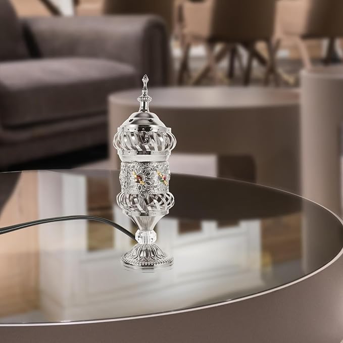 RCFINE Electric Incense Burner Bakhoor Metal Incense Burner Middle Eastern Style Arabic Incense Burner for Aromatherapy Yoga Spa Home Tabletop Decoration (Silver)