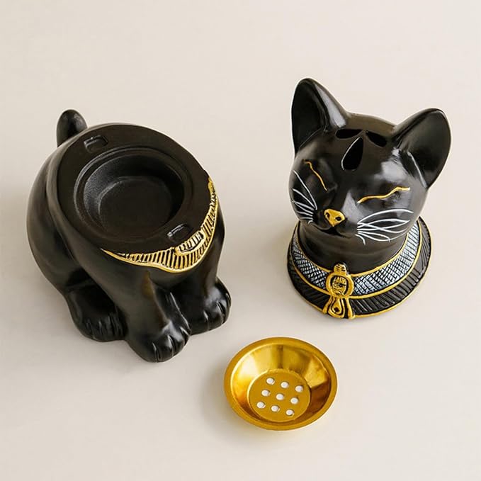 Egyptian Cat Statue Incense Burner, Vintage Resin Meditating Cat Incense Cone Holder, Home Office Aromatherapy Decor for Zen Yoga Spa (Black)