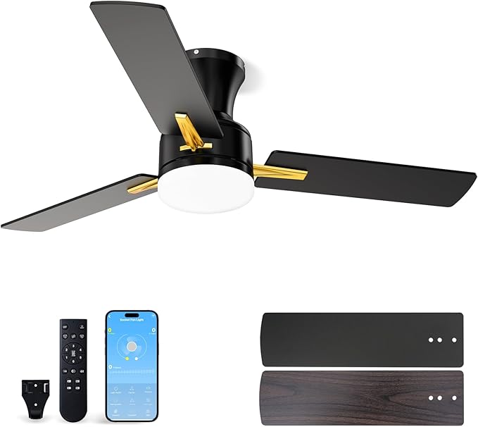 LANMEL 42 Inch Flush Mount Ceiling Fan with Light, App&Remote Control, Low Profile Modern Ceiling Fan, 6 Speed, Reversible, 3000k-6500k Dimmable LED, Quiet DC Motor for Indoor Outdoor, Gold Black