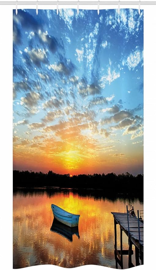Ambesonne Nautical Stall Shower Curtain, Little Fishing Boat on Pond Tranquil Sunrise Water Reflection Picture, Fabric Bathroom Decor Set with Hooks, 36" W x 72" L, Sky Blue Yellow Black